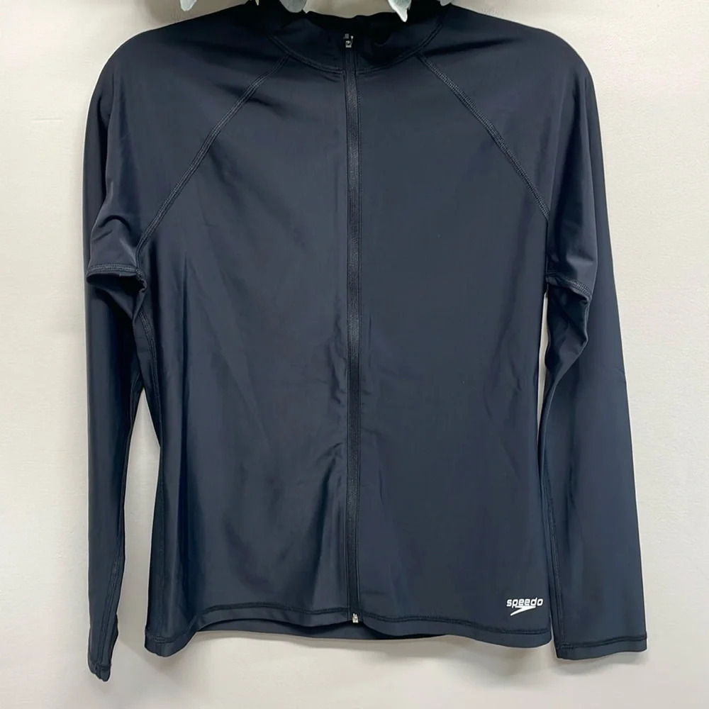 NWOT Speedo PowerFlex Eco Long Sleeve Full Zip Rashguard Swim Shirt Black M
